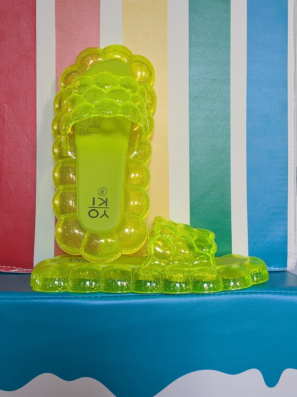 Yoki Neon Green + Glitter Bubble Jelly Slide Sandals